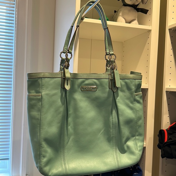 COACH Gallery Leather Tote Shoulder Bag F16562 Handbag Purse Aqua Blue G… - Picture 1 of 8
